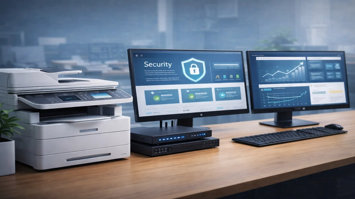 Clean and organized office IT environment with hidden cabling, modern workstations, and secure networking